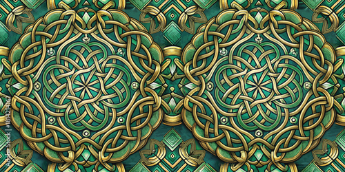 Intricate green and gold Celtic knot design, showcasing symmetry and artistry.