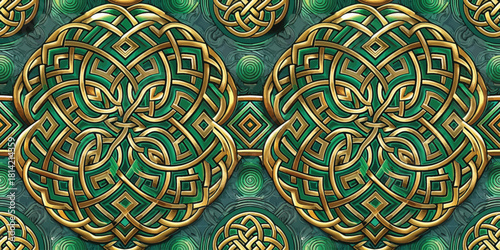 Intricate golden Celtic knot design on a deep green backdrop, evoking a sense of harmony and tradition.