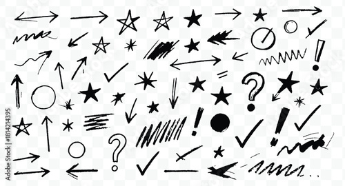 Collection of hand drawn doodle icons including arrows, stars, check marks, question marks, and exclamation points