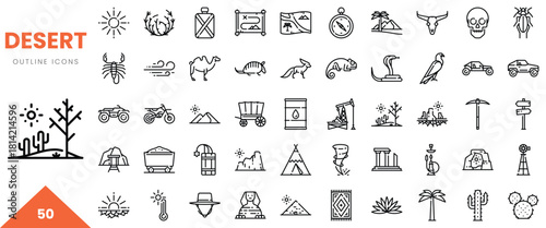 A collection of 50 outline icons depicting desert elements and wildlife.