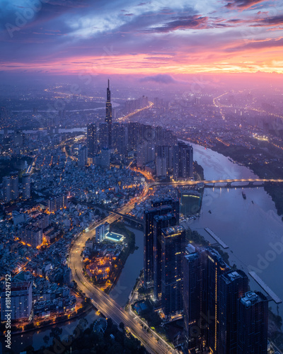 Aerial view of finance center in Ho Chi Minh city (Sai Gon), Vietnam. Urban southeast asia background