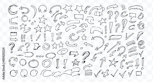 Collection of hand drawn sketch doodle arrows, stars, question mark, exclamation mark, circle, and speech bubble element set