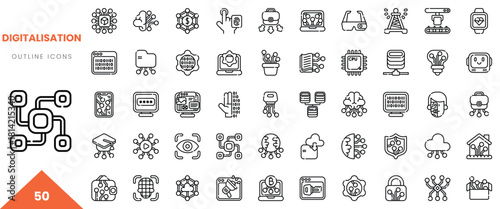 Collection of digitalisation outline icons representing technology and innovation themes.