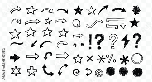 Collection of hand drawn doodle elements including arrows, stars, punctuation mark, and circle shapes with sketchy texture