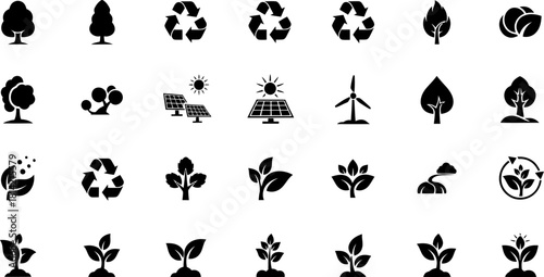 Sustainable environment and ecology icon set: trees, leaves, energy