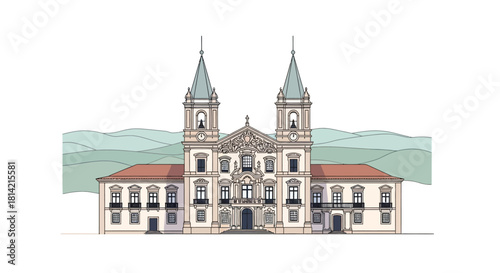 Architectural Illustration: Monastery of São Bento, Santo Tirso, Portugal Vector