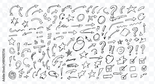 Collection of hand drawn doodle sketch arrows, stars, question mark, exclamation mark, circle, and check mark symbols on transparent background