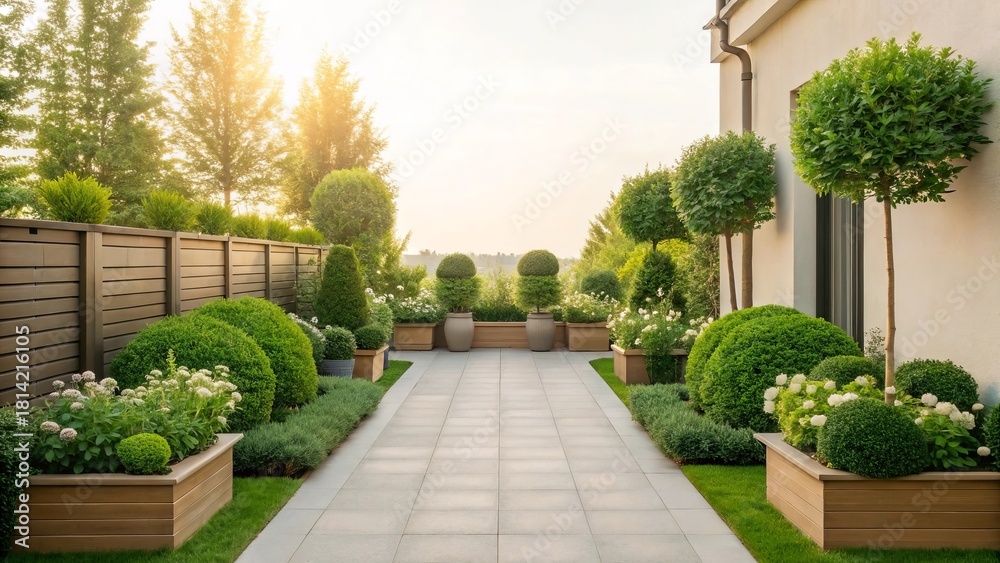 Obraz premium A beautiful terrace garden with neatly organized plants outdoors