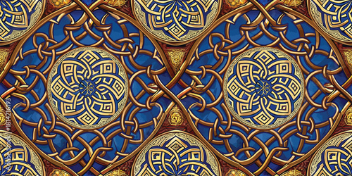 Intricate geometric patterns in rich blue and gold, showcasing masterful craftsmanship.