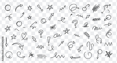 Collection of hand drawn doodle icons including arrows, stars, question mark, exclamation mark, and scribble lines on transparent background