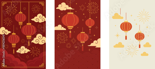 Elegant Chinese Lantern Festival Decoration Illustration with Clouds and Fireworks Vector Set