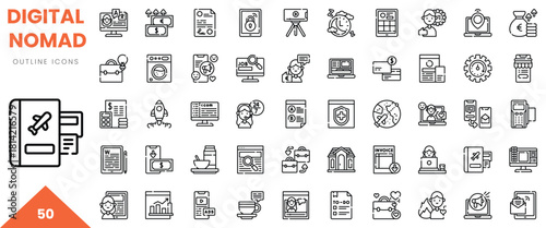 Illustration of digital nomad symbols, depicting remote work and travel, in a minimalist outline style.