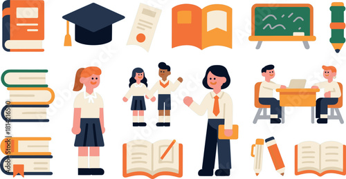 Collection of flat design school and education icons with books graduation cap and students learning