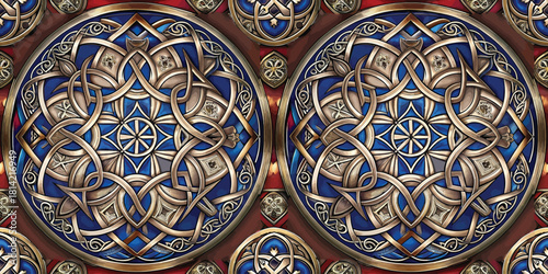Intricate symmetrical design featuring interwoven patterns in rich blues and metallic tones.