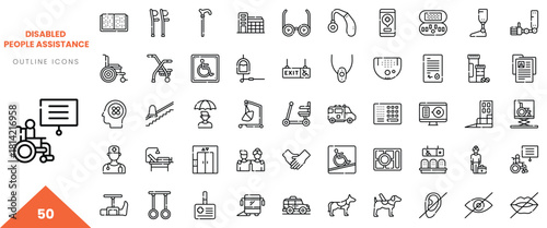 Outline icons representing assistance for disabled individuals in various scenarios.