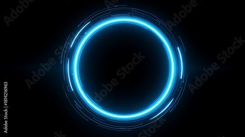 Glowing Blue Neon Circle with Futuristic Digital Elements on Black Background