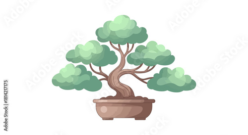 Cartoon Bonsai Tree Icon in Pot - Japanese Zen Garden
