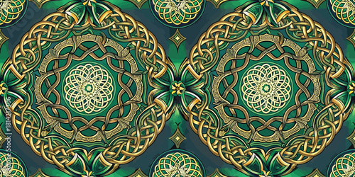 Intricate green and gold Celtic pattern featuring knots and symmetrical designs, evoking elegance and tradition.