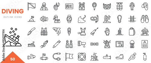 Diving-themed outline icons showcasing marine activities and equipment. Perfect for underwater adventures!