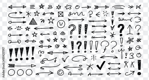 Collection of hand drawn doodle arrows, symbols, punctuation marks, and abstract shapes