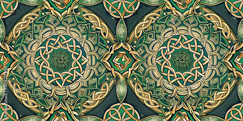 Intricate symmetrical Celtic knot design featuring rich greens and golds, evoking a sense of harmony.