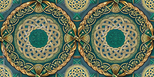 Intricate Celtic knotwork in vibrant green and gold, showcasing symmetrical patterns and rich textures.