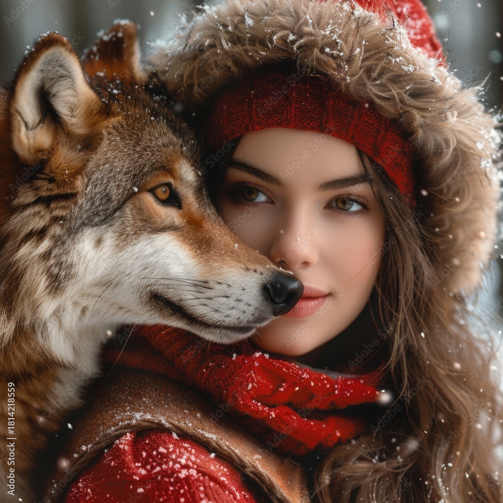 Obraz premium A woman wearing a red scarf lovingly embraces a fox in a snowy winter landscape. A heartwarming and intimate scene of companionship and nature.