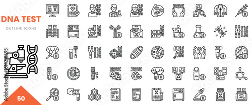 A collection of outline icons illustrating DNA testing procedures and equipment.