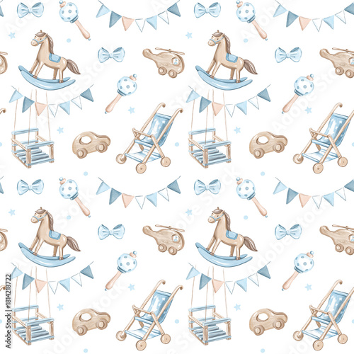 Watercolor Baby Boy Nursery Items Seamless Pattern