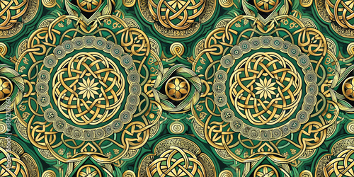 Intricate Celtic pattern design featuring golden knots on a rich green background.