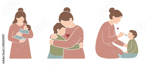 Flat Illustration set of mom with son and daughter- minimal style perfect for parenting, Childhood, and mother's day vector design