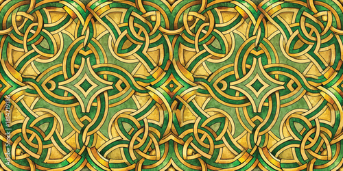 Intricate green and gold Celtic pattern showcasing interwoven designs.