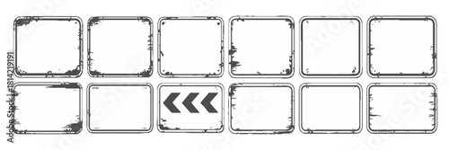 black and white caution sign board set. warning templates set in grunge style with black lines, grain, Stains, And scratches, Old vintage board for construction or on the road, or police accident. 