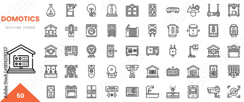 Collection of various outline icons representing domotics and smart home devices.
