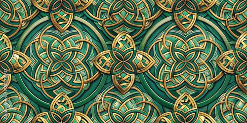 Intricate green and gold geometric pattern with floral motifs creating a harmonious and elegant design.