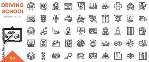 A collection of driving school outline icons depicting various aspects of driver education.