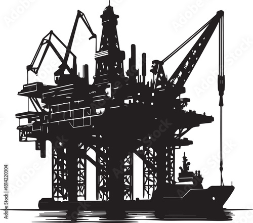 Offshore Oil Rig Silhouette with Supply Vessel Vector Illustration Graphic .eps
