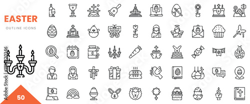 A collection of 50 outline icons representing Easter traditions and symbols.