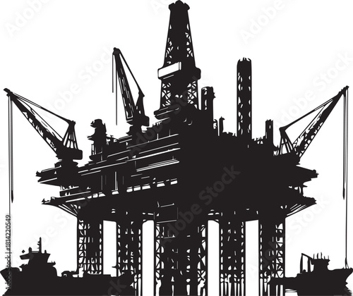 Offshore Oil Rig Silhouette with Supply Vessel Vector Illustration Graphic .eps
