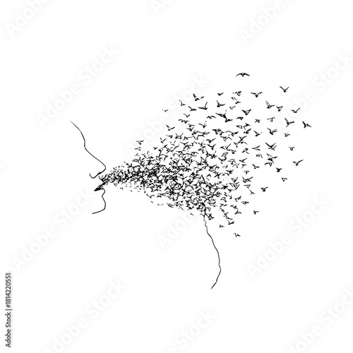 Minimalist line art of a face blowing a flock of bird silhouette