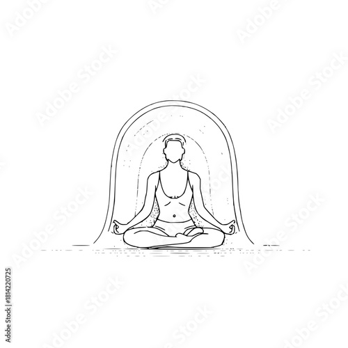 Line art drawing of person meditating in lotus pose with aura