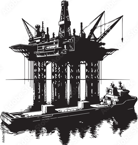 Offshore Oil Rig Silhouette with Supply Vessel Vector Illustration Graphic .eps
