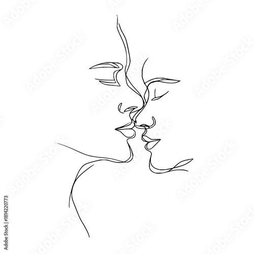 Minimalist continuous line drawing of two faces about to kiss isolated on