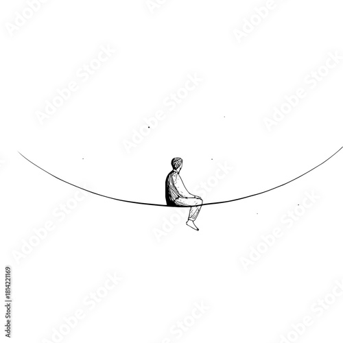 Minimalist drawing of a person sitting alone on a tightrope