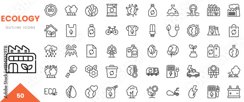 A collection of 50 ecological outline icons, representing sustainability and environmental themes.