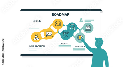 Silhouette of a person presenting a roadmap on a whiteboard with colorful workflow icons in a minimalist setting.