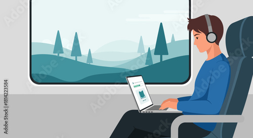 Illustration of a man wearing a headset while using a laptop on a train with a scenic landscape view outside the window.