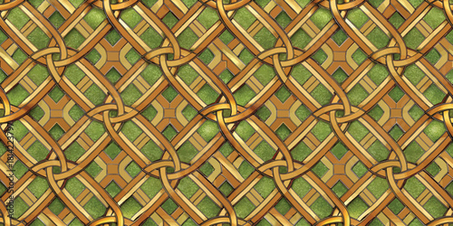 Intricate woven pattern featuring green and gold hues, perfect for background design or textile art.