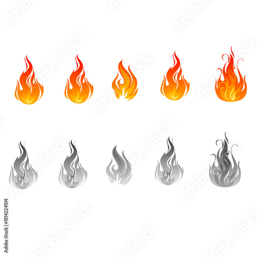 Realistic fire flames and effects set on transparent background