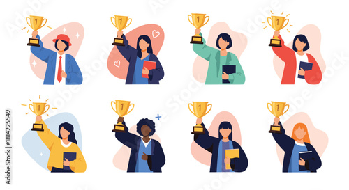 Diverse group of women celebrating achievements with trophies, representing success and victory.